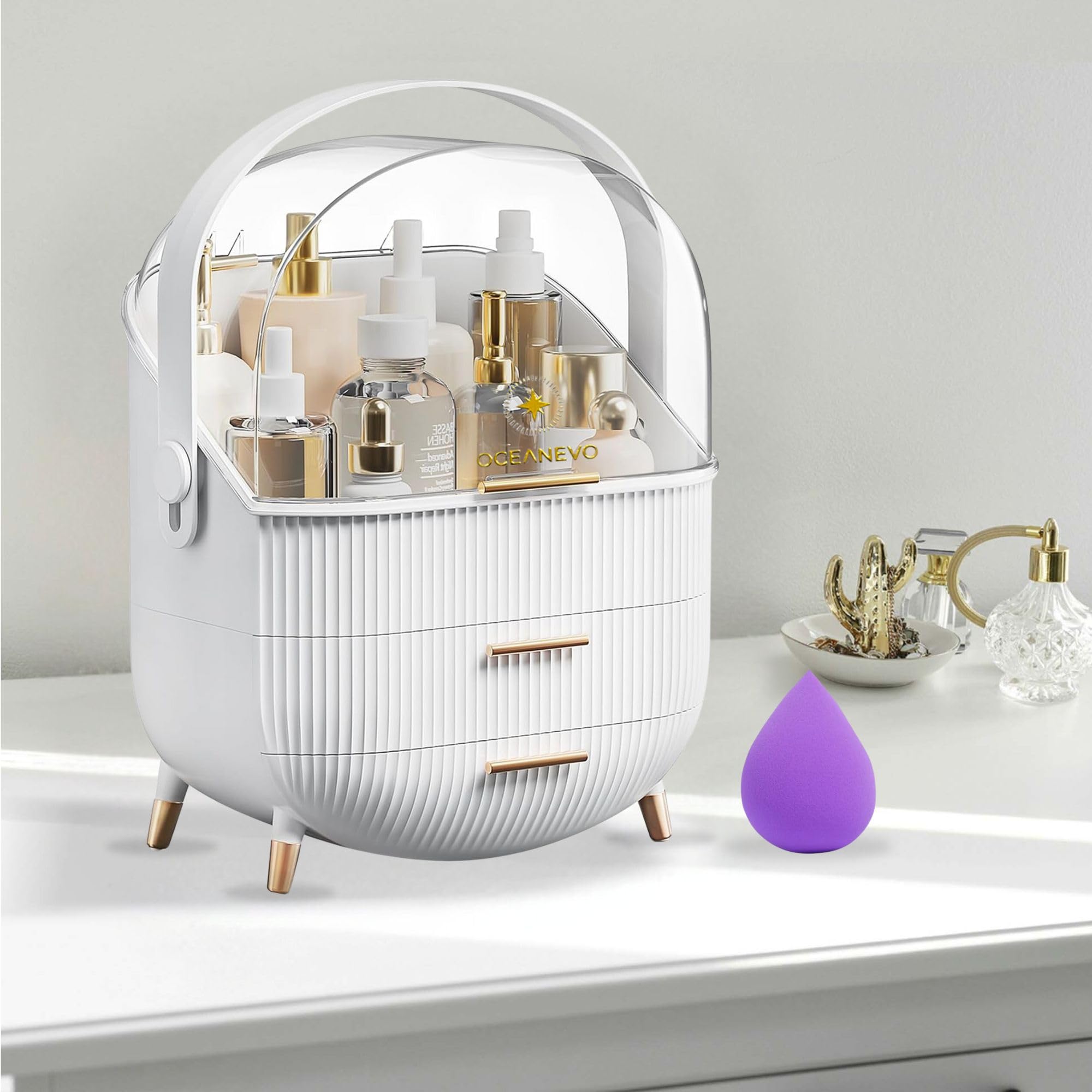 OCEANEVO Cosmetic Makeup Organizer Box for Women with Makeup Sponge | Dressing Table Organizer with Drawer for Skincare, Perfume, Lipstick Storage | 36 cm x 27 cm x 17 cm – Model 2 | White-image-37