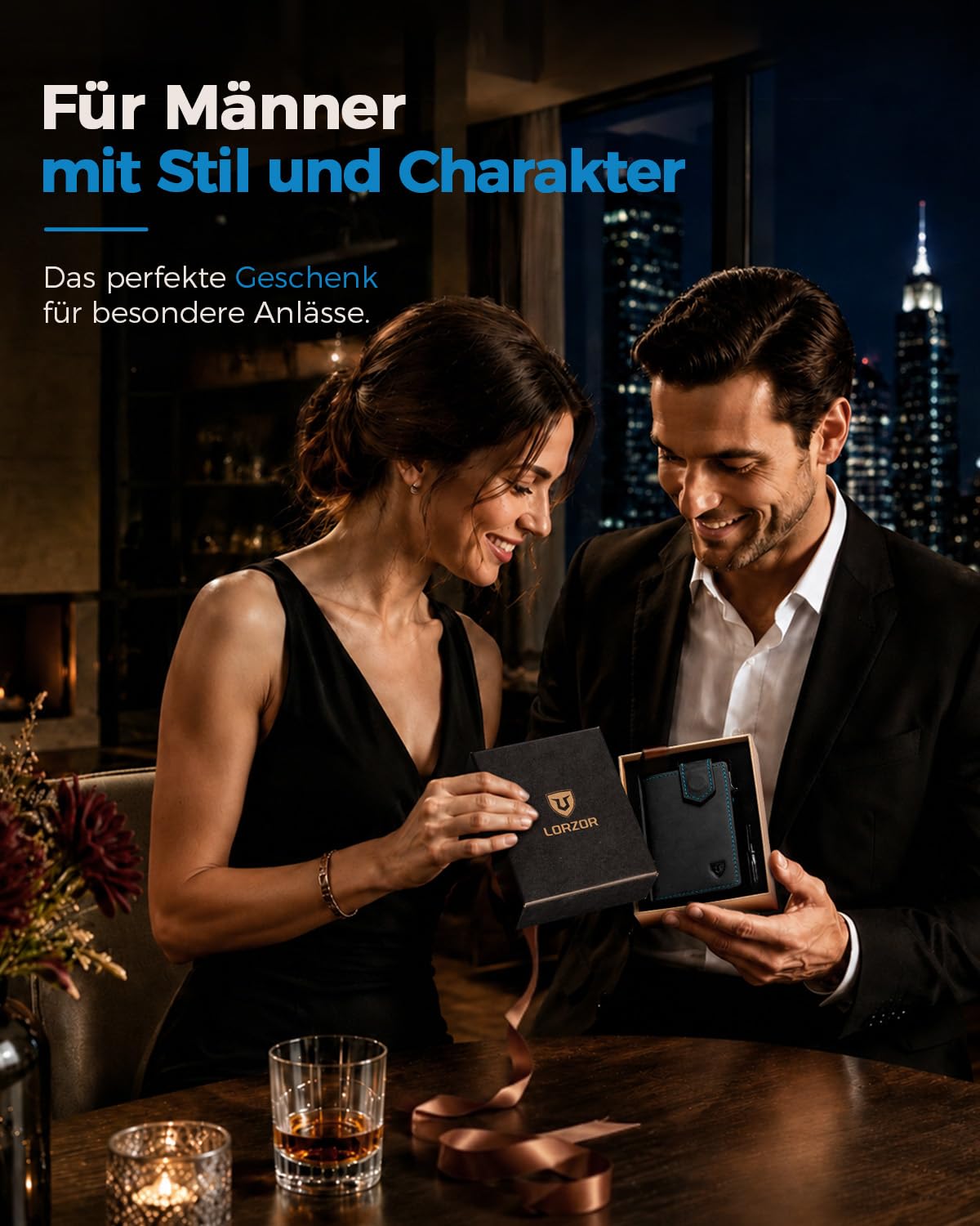 LORZOR Kartenetui mit Magnetischer Verschluss, Slim Wallet mit Münzfach, Geldbörse Herren RFID Schutz, Portmonee Herren Portemonnaie für 10 Karten, Smart Wallet, Geldbeutel (Blau-Schwarz)