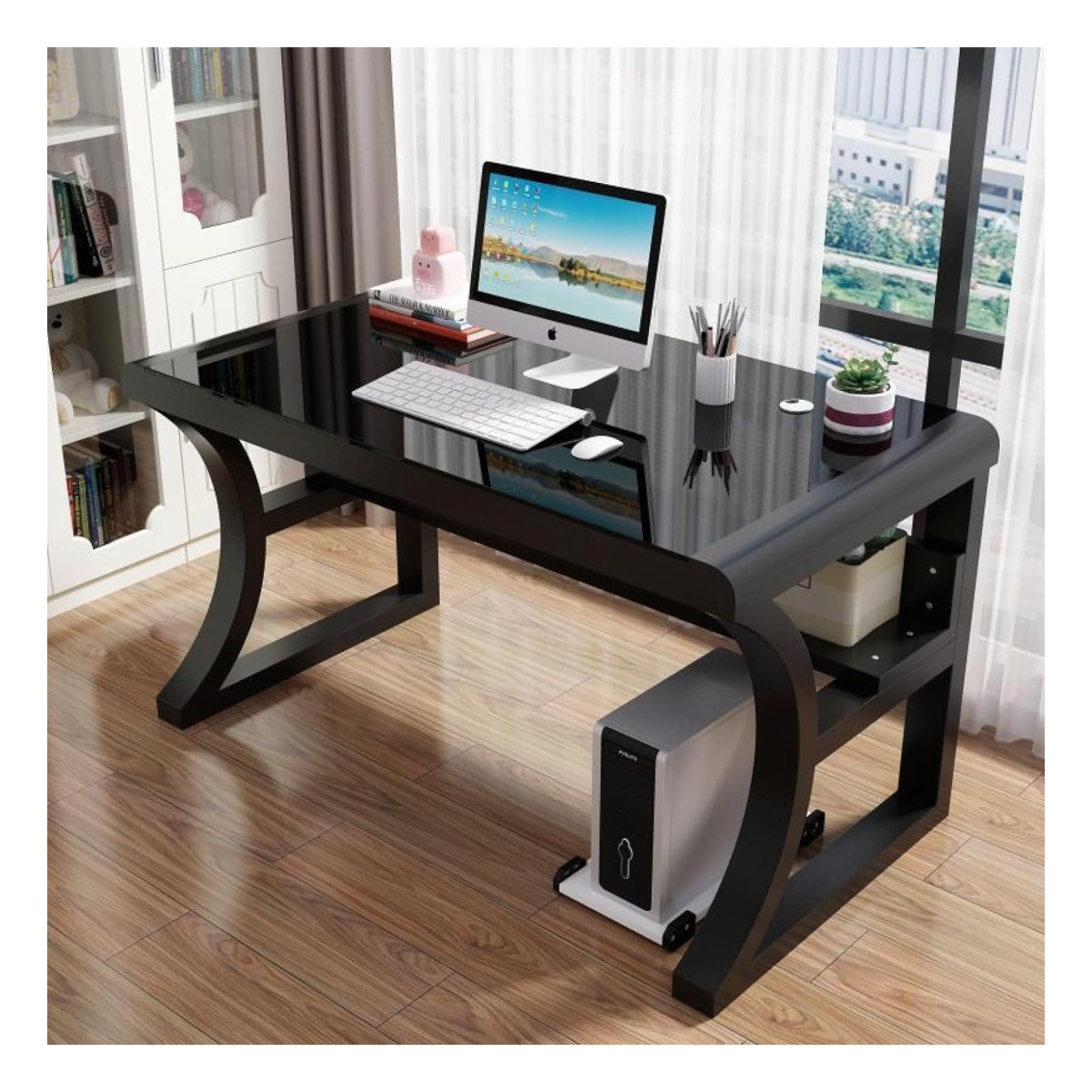 Wdsopk Black Computer Desk Home Office Desk Tempered Glass Computer Desk, Modern Simple Computer Desk With Storage Shelves,Modern Student Study Table, Workstation（-120X60x75cm）