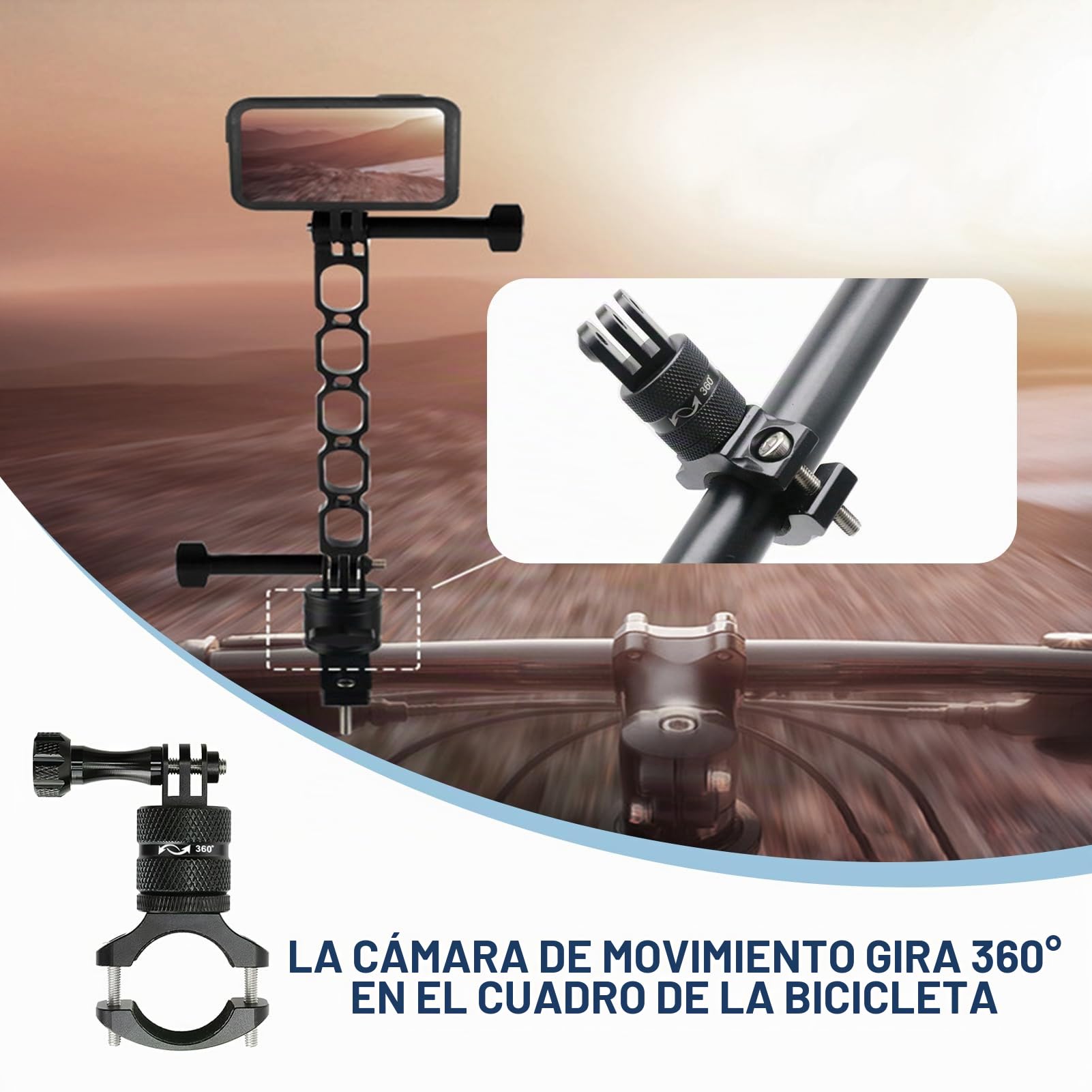 Soporte Universal de Manillar de Aluminio para Cámaras de Acción, Ajustable y Giratorio de 360°, Ideal para GoPro y Otras Cámaras - Perfecto para Bicicletas y Motos (Upgraded model Black)