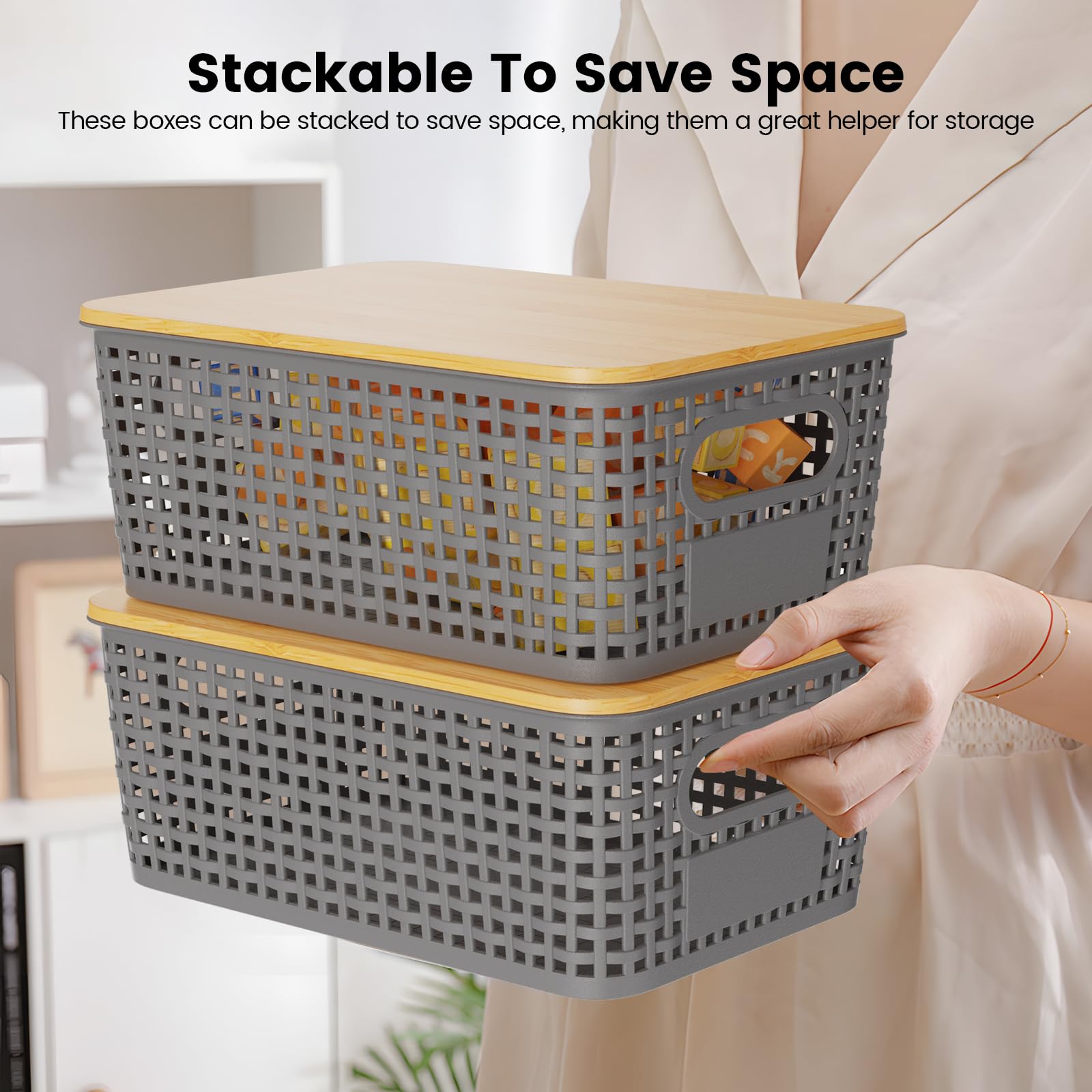 Shrivee Set di 6 5L Scatole portaoggetti di Plastica con Bambù Coperchio Impilabili Salvaspazio Storage Cestini per Bagno Cucina Armadio Ufficio