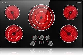 Karinear 36 inch Electric Cooktop, 5 Burner Radiant Cooktop with Knob & Touch Control, 9200W 240V Built-in Stove Top, 9 Power Levels, Timer, Child Lock, Pause, Residual Heat Indicator(Black Knob)