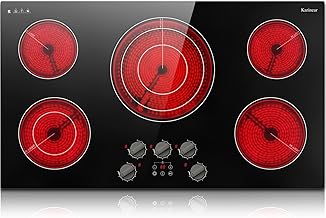 Karinear 36 inch Electric Cooktop, 5 Burner Radiant Cooktop with Knob & Touch Control, 9200W 240V Built-in Stove Top, 9 Power Levels, Timer, Child Lock, Pause, Residual Heat Indicator(Black Knob)