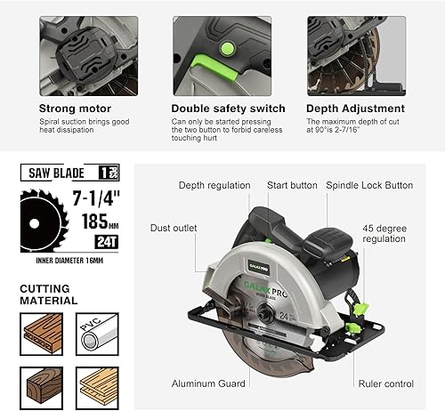 Vista 3 de GALAX PRO Sierra circular eléctrica de 11 amperios, sierra circular con cable de 6000 RPM con profundidad de corte ajustable de 2-1/2 pulgadas (90°)