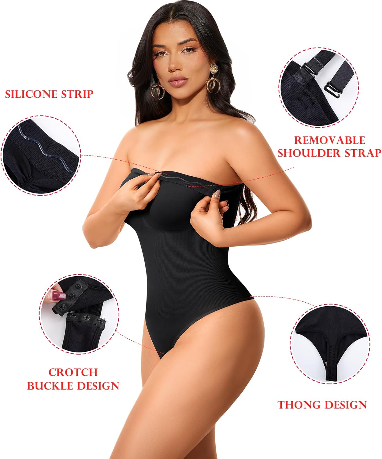 KUMAYES Strapless Shapewear Bodysuits for Women -Thong Body Shaper Tummy Control Tube Top Leotard with Removable Straps - Image 5