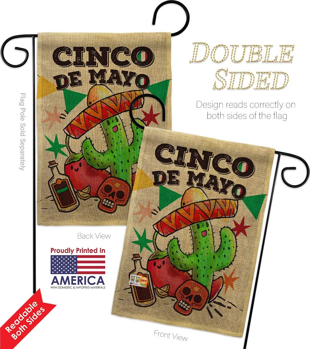 El Cinco de Mayo Burlap Garden Flag Summertime Party Cactus Pinata Sombrero Mexican Fiesta Outdoor Small Decorative Gift Yard House Banner Double-Sided Made In USA 13 X 18.5