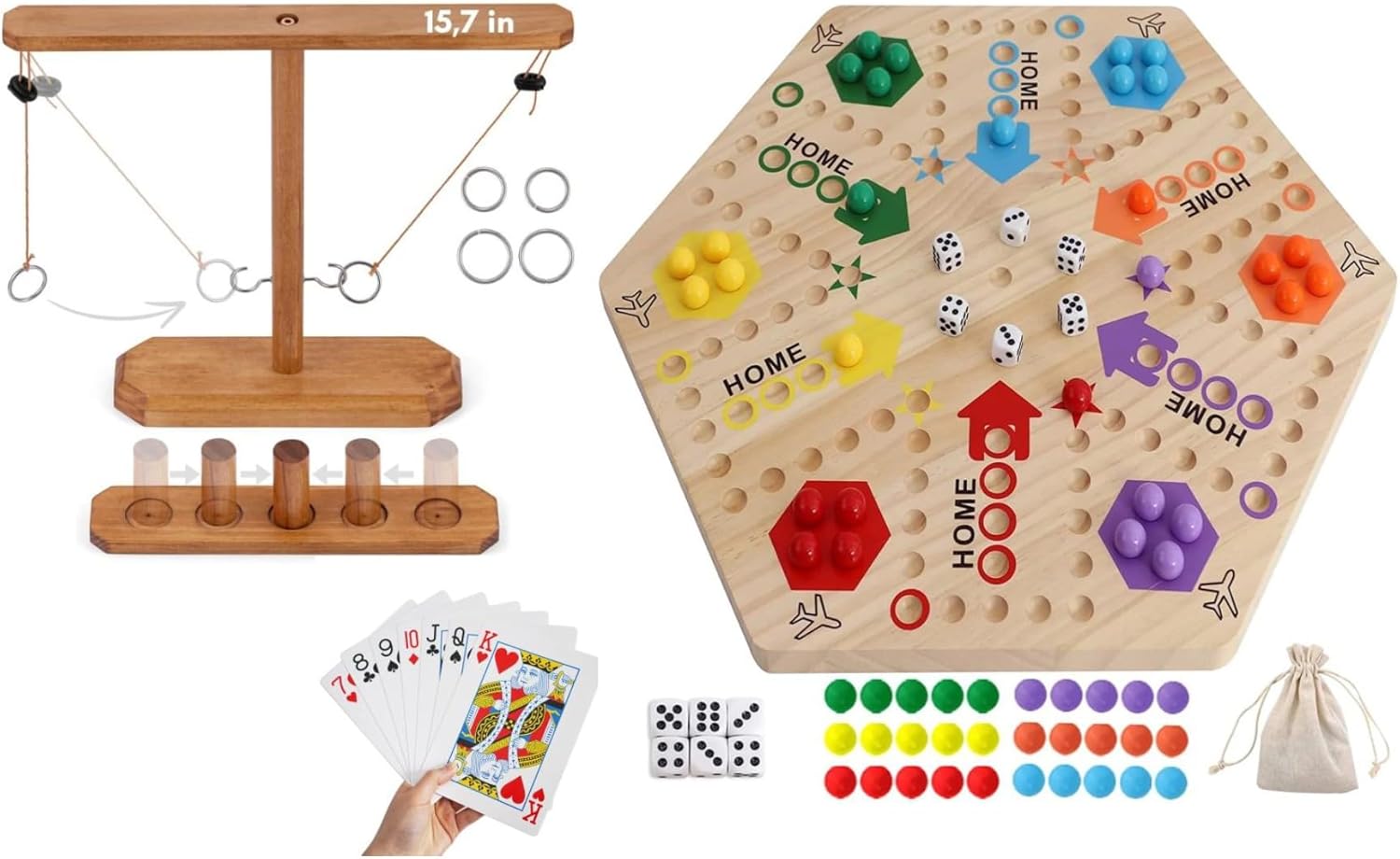 Wooden Wahoo Marble Board Game (20 INCH), Double-Sided, for 2-6 Players, with 24 Marbles and 6 dice. Also Includes Ring Toss, Wooden Hook and Ring Gameand Premium Playing Cards.