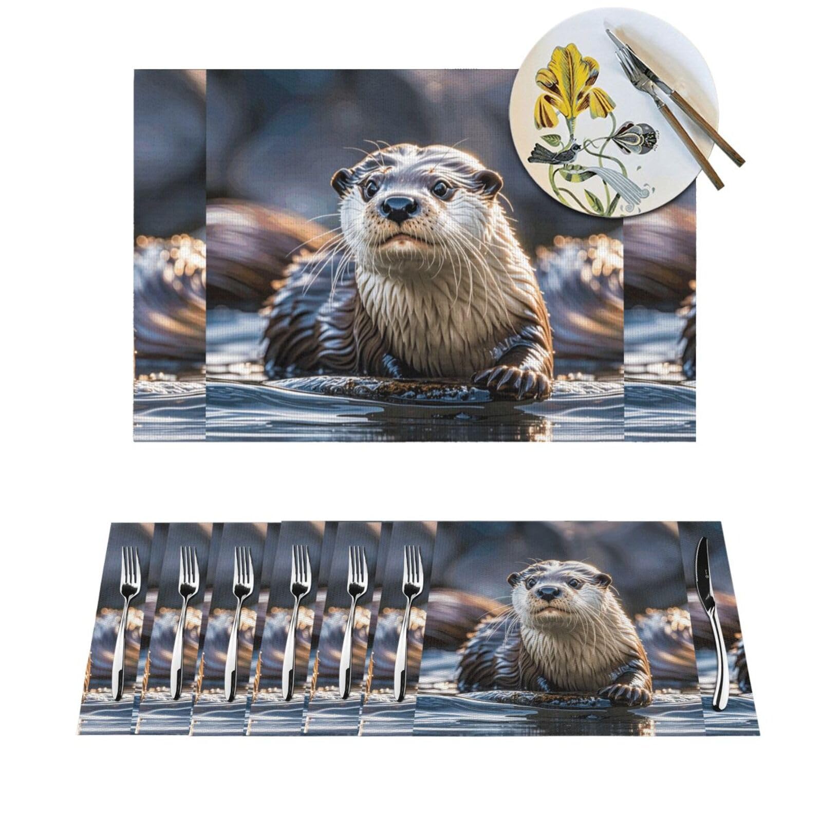 Woven Placemats Otters Durable Table Mats Indoor Place mats Washable Non-Slip Heatproof Woven Placemats for Dining PVC Place Mat for Dinners Wedding Parties