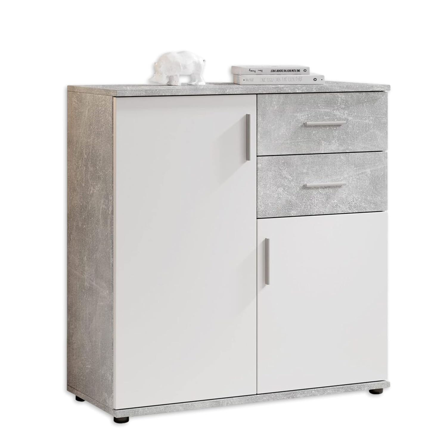 Stella Trading BOBBY Kommode in Beton-Optik, Weiß – Modernes Sideboard mit viel Stauraum für Ihren Wohnbereich – 80 x 82 x 35 cm (B/H/T)