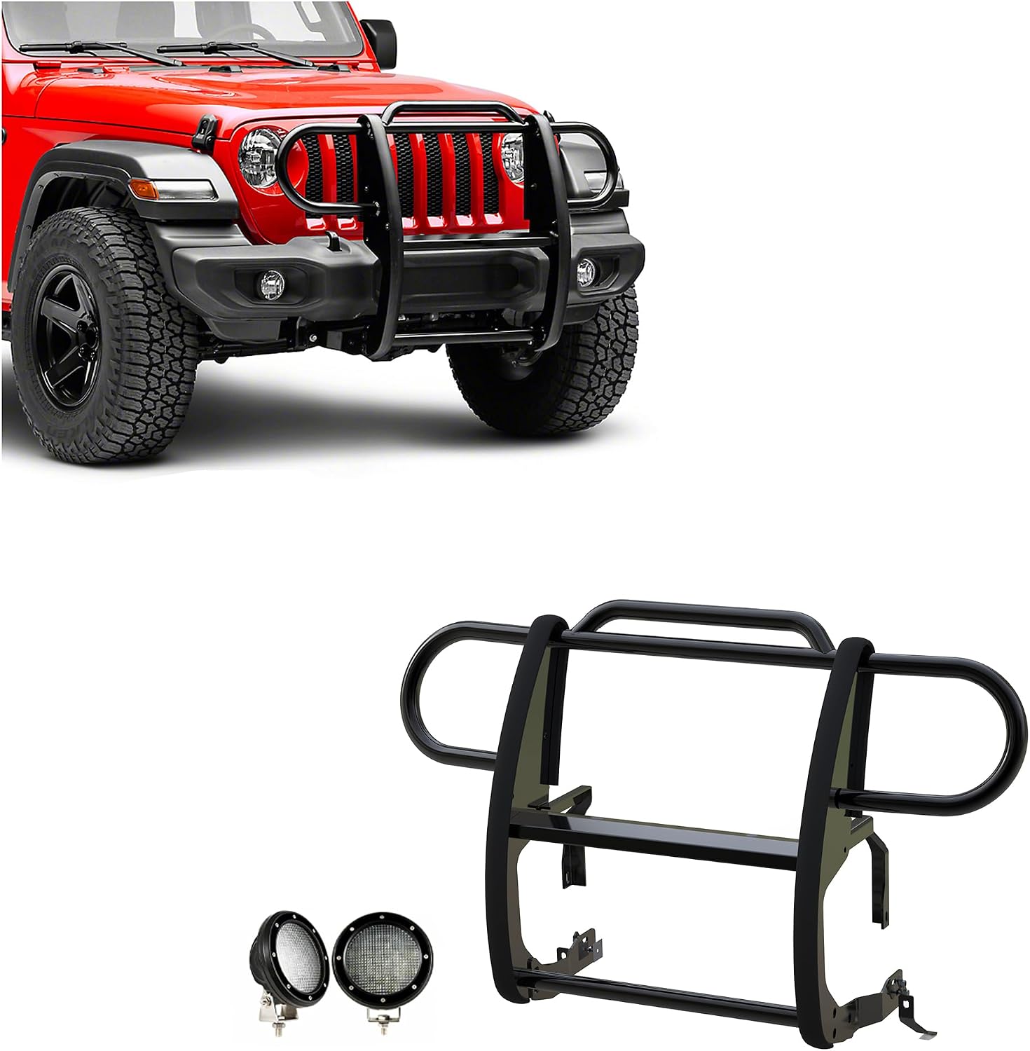 Black Horse Grille brush Bumper Guard Modular Black Come with Pair of 5.3" Dia.LED Lights with Black Trim Rings Compatible with 2020-2024 Jeep Gladiator|2018-2024 Jeep Wrangler-17JPJLMA-PLFB
