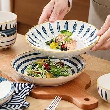 Ceramic Deep Dinner Plates Set of 4 Patterned,8 Inch Ceramic Dessert Plates,Salad Plates Set,Dinnerware Set for Pasta Bowls,Ramen Microwave & Dishwasher Safe