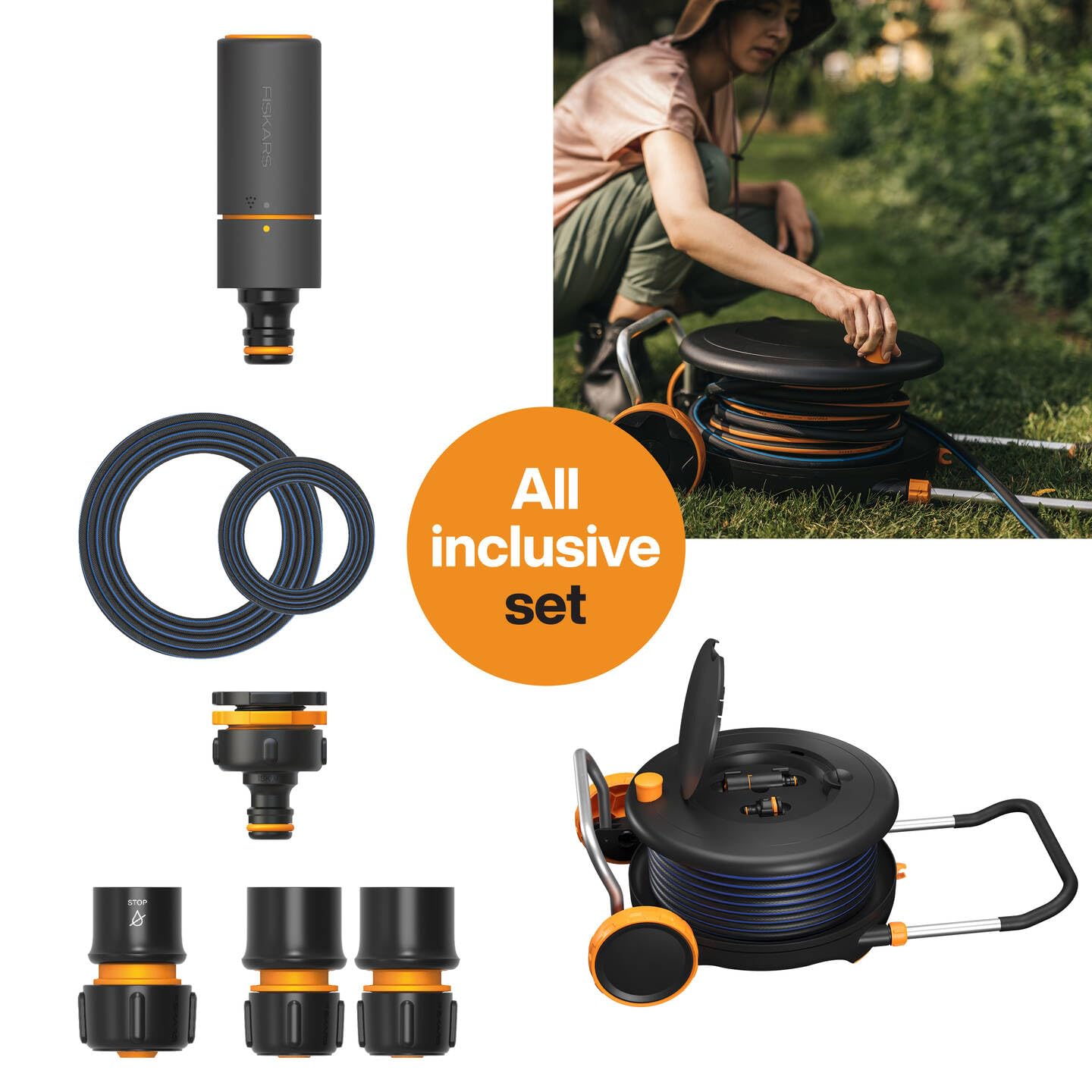Fiskars Comfort Waterwheel M mit Rädern, All-Inclusive-Bewässerungs-Set, 21,5 m Gesamtreichweite, Automatisches Aufrollen, Gartenschlauch in Universalgröße (Ø 13 mm), Universal-Hahnverbinder, 1071639