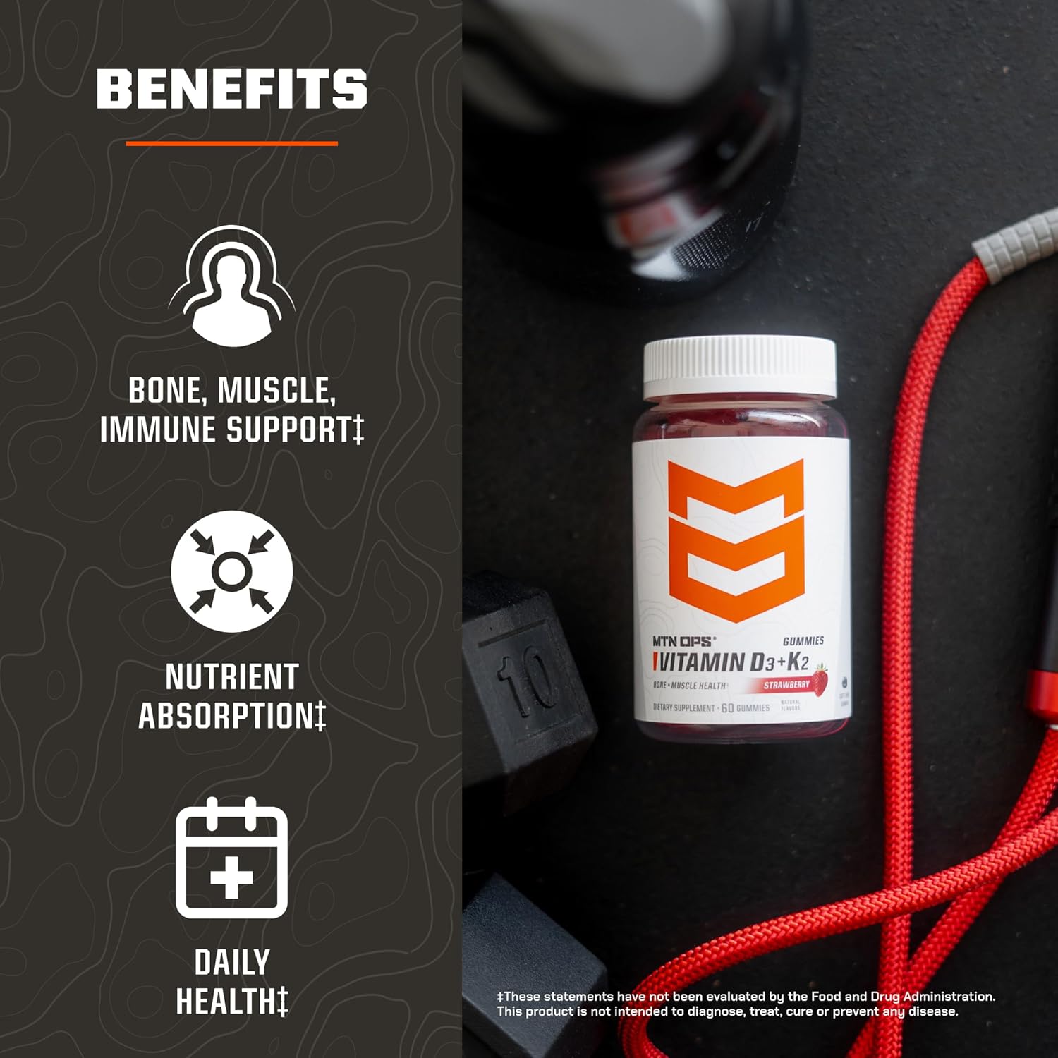 MTN OPS Vitamin D3 K2 Gummies, 5000 IU Vitamin D3 and Vitamin K2 MK7, Naturally Gluten-Free with Natural Strawberry Flavor, 60 Soft-Chew Gummies, 60 Servings per Container