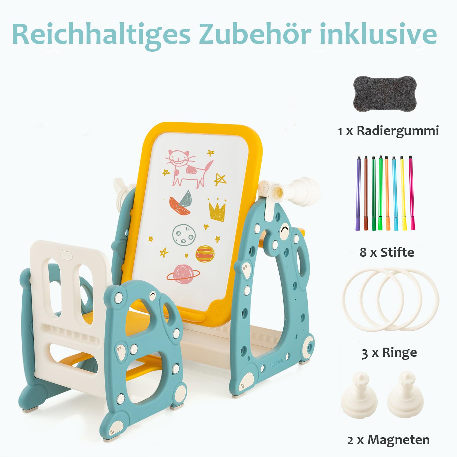 DREAMADE 4 in 1 Kinder Staffelei mit Stuhl, höhenverstellbare Kinderstaffelei mit Stauraum, Whiteboard, Teleskop & Ringwurfspiel, Kindertisch Aktivitätstisch Zeichentisch für Kinder von 1-8 Jahren