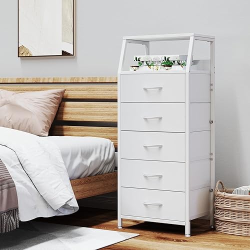 Miniatura 5 de Ollieroo White Dresser for Bedroom, Storage Organizer with 5 Drawers, Vertical Fabric Storage Tower, Nightstand Bedside Table, Sturdy Steel Frame &