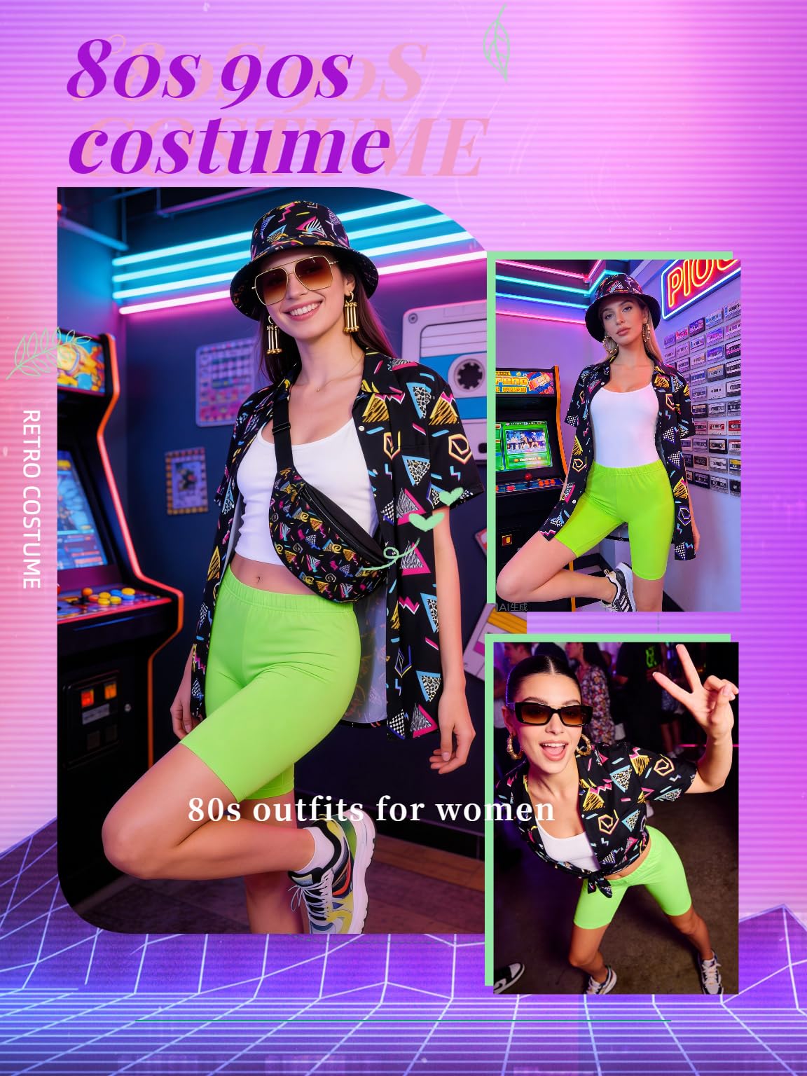 Verceco Trajes de los años 80 para mujer, disfraz de hip hop de los años 90 para adultos con camisa estampada de fiesta temática de los años 90 y juegos de accesorios retro de 7 piezas