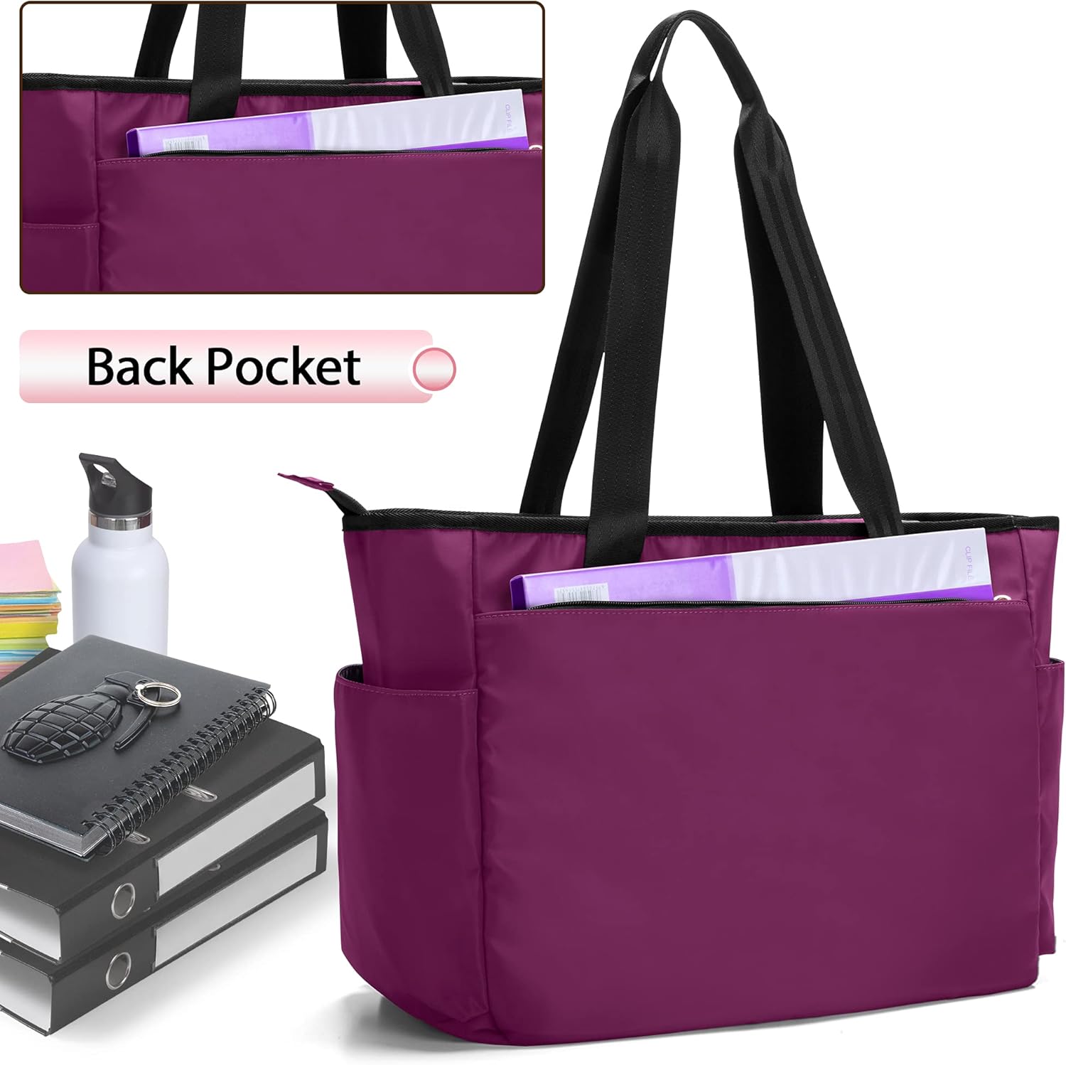 Damero Teacher Tote Bag, Teacher Utility Tote Bag with Zip Top and Padded Sleeve for up to 15.6’’ Laptop for Work, Office, Business, Purple(Upgraded)