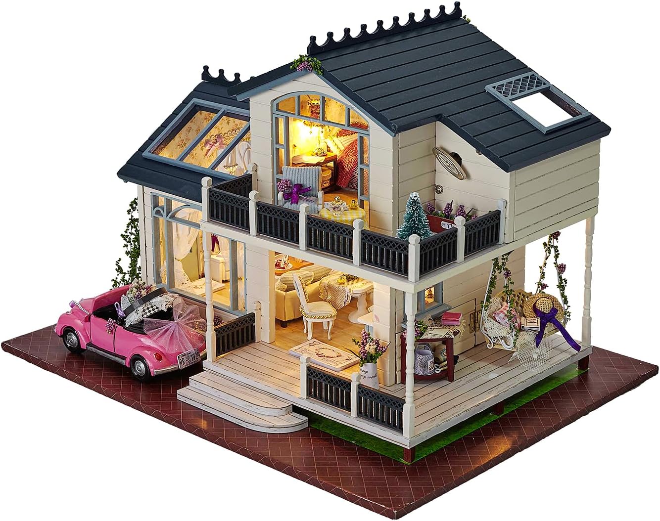 CUTEROOM Dollhouse Miniature with Furniture, 3D Wooden Miniature Doll House with Music Box & LED Lights,1:24 Scale DIY House Kit (A032)
