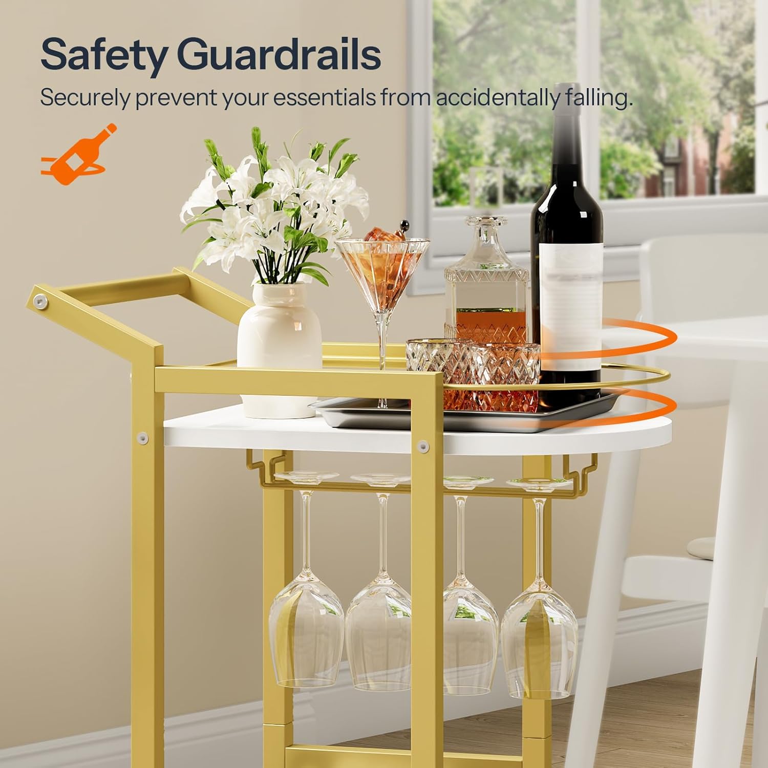 HOOBRO Bar Cart, Bar Cart for The Home, Home Bar Serving Cart on Wheels, Rolling Wine Cart with Wine Rack and Glass Holder, Beverage Cart for Bar, Kitchen, Dining Room, White and Gold DM48TC01