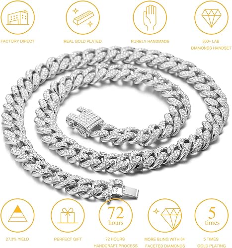 Miniatura 7 de Halukakah HOLLYWOOF - Collar para perro Cadena de oro chapada en platino, lujoso teléfono de diamantes y 0.551 in de grosor, tamaño 14 pulgadas con
