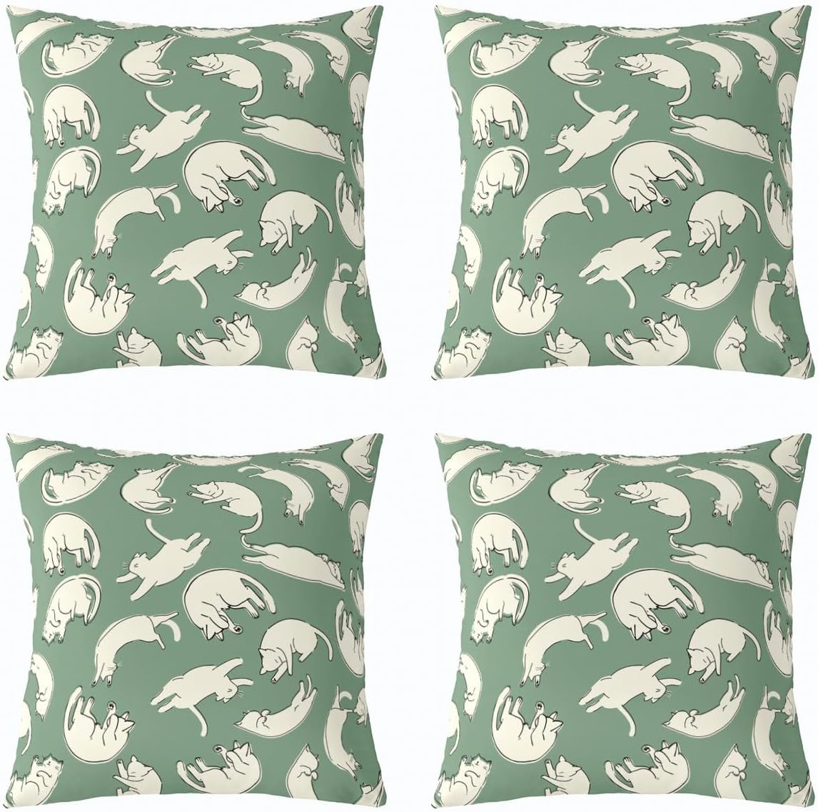 Cute Cat Kitten Throw Pillow Covers Set of 4,Cartoon Animas Decorative Pillowcase for Couch Sofa,Pet Lover Reversible Print Cushion Case,Green Cushion Covers 20X20 Inch