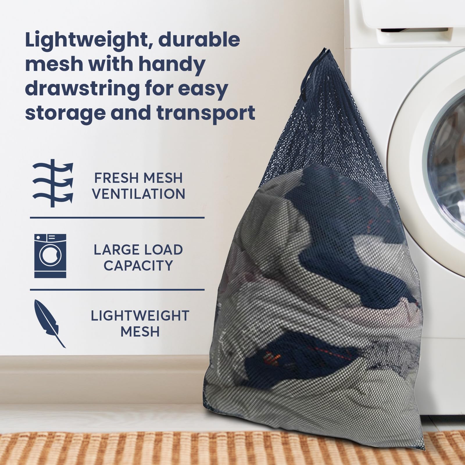 Premium Heavy-Duty Mesh Laundry Bag - Clothes Hamper w/Drawstring - Home & College Essentials Navy Blue (36