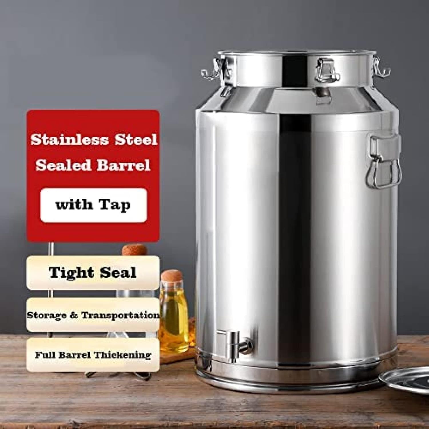 DIE Stainless Steel Milk Can 5L/9L/14L Wine Pail Bucket Tote Jug Oil Barrel Tank with Sealed Lid and Spigot Milk Churn Can,5L,Constructive23
