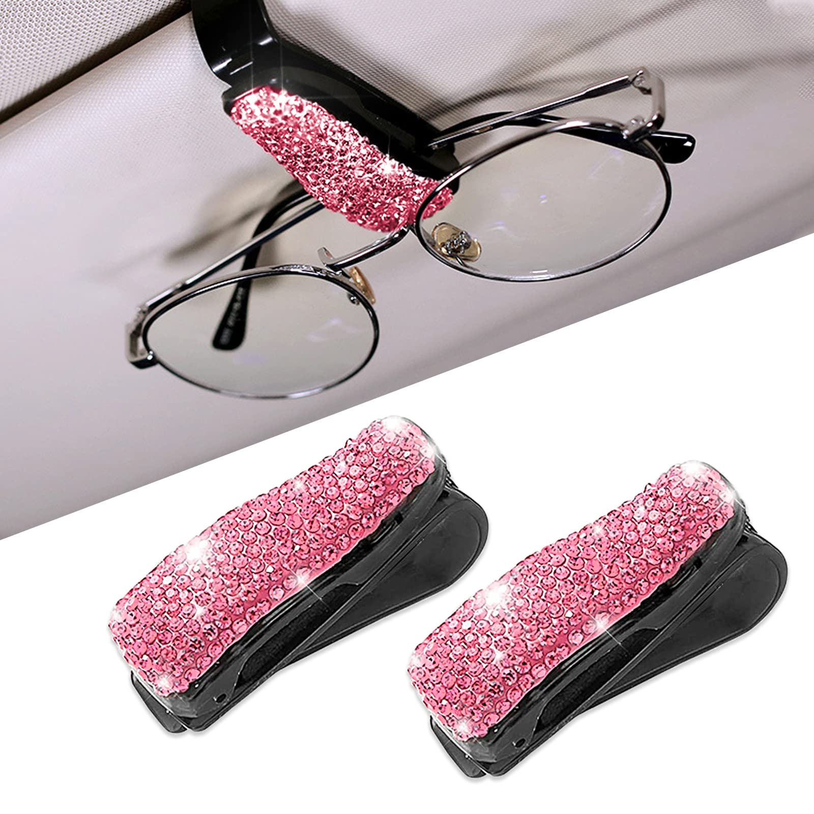 2 PCS Bling Car Sunglass Holder, Crystal Rhinestones Car Sun Visor Glasses Holder, Universal Car Eyeglasses Sunglasses Hanger Mount (Pink)