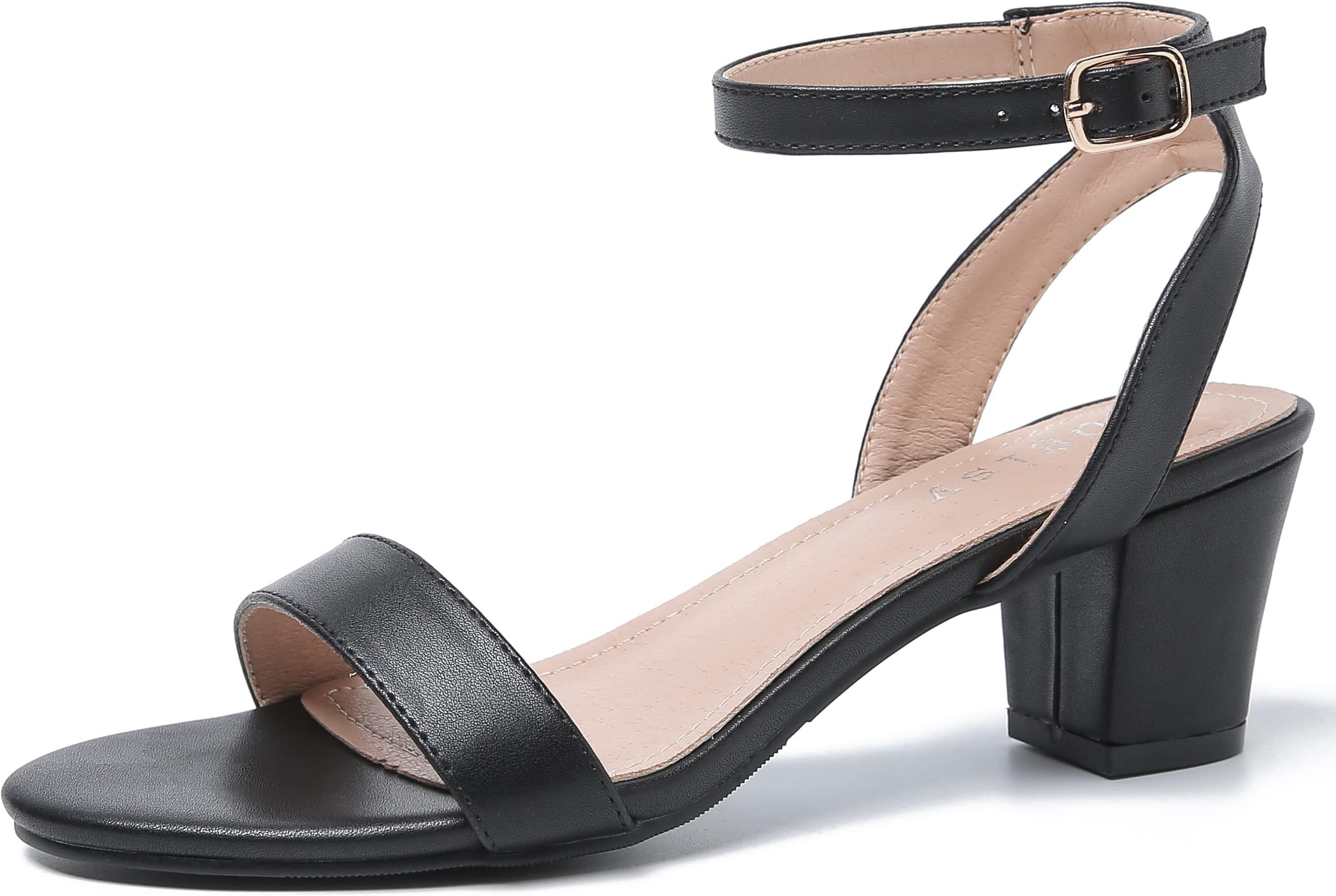 EugisyWomen's Open Toe Ankle Strap Low Block Chunky Heels Sandals Comfortable Daily Party Dress Shoes Strappy Buckle Heeled Sandal