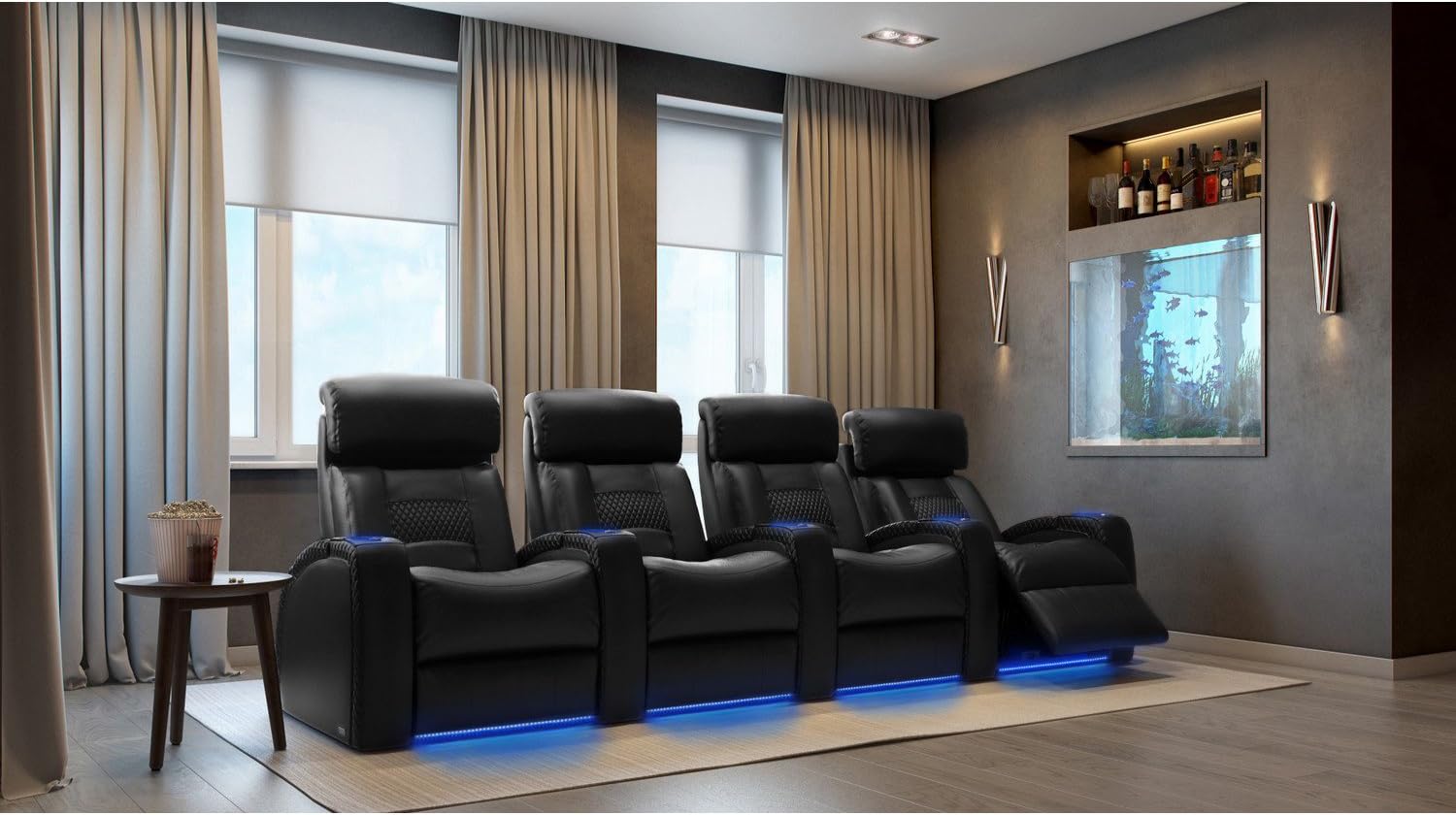 Flex HR - Octane Seating - Home Theater Seats - Black Top Grain Leather - Power Recline - Row of 4 : Home & Kitchen