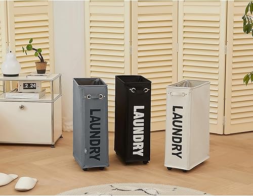 Miniatura 9 de DOKEHOM 25-Inches Slim Laundry Basket on Wheels, Collapsible Rolling Laundry Hamper, Foldable Narrow Corner Clothes Storage Bins (Beige)