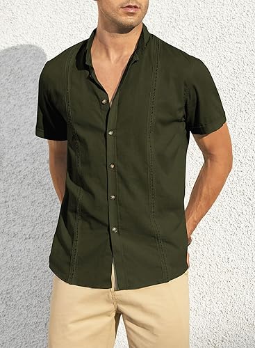 Vista 3 de JMIERR Camisas de guayabera cubana de lino para hombre, estilo casual, manga corta, con botones, cuello de banda, para verano y playa