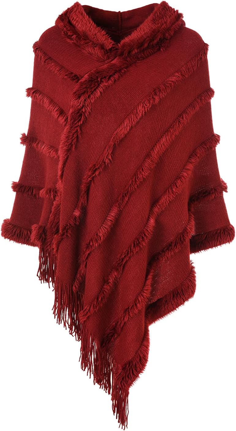 FerandLadies' Lightweight Fuzzy Striped Poncho Sweater with Hood Casual Spring Cape for Women