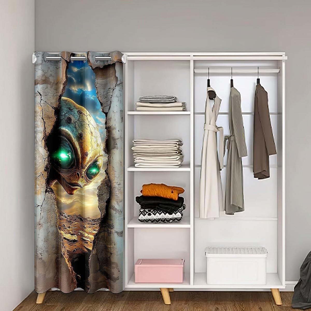 jejeloiu Kids Alien Printed Door Cover Curtain Outer Space Alien Doorway Curtain Privacy 34x80 Inch 1 Panel 3D Alien 30%-50% Room Darkening Blackout Curtain Space Alien Window Treatments