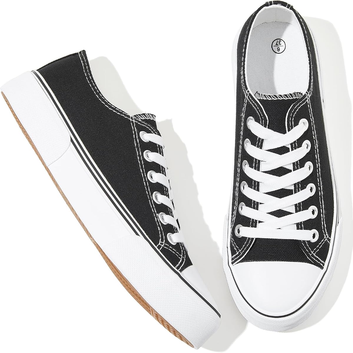 Adokoo Zapatos de tenis de lona para mujer, zapatillas bajas informales blancas y negras para mujer, con cordones, zapatos cómodos para caminar a la moda