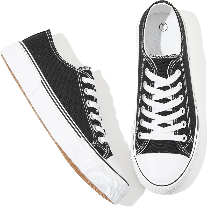 Adokoo Zapatos de tenis de lona para mujer, zapatillas bajas informales blancas y negras para mujer, con cordones, zapatos cómodos para caminar a la moda