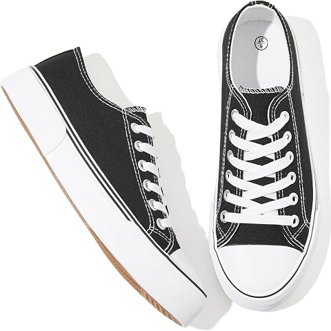 Adokoo Canvas Tennis Shoes for Women Low Top Casual White Black Sneakers for Women Lace Up Fashion Comfortable Walking Shoes