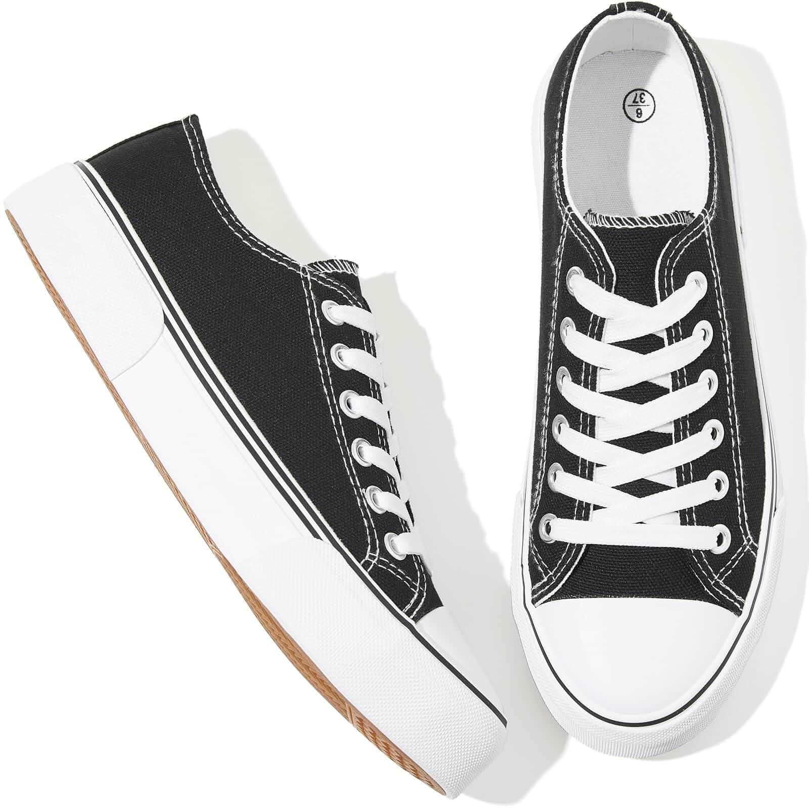 Adokoo Canvas Tennis Shoes for Women Low Top Casual White Black Sneakers for Women Lace Up Fashion Comfortable Walking Shoes