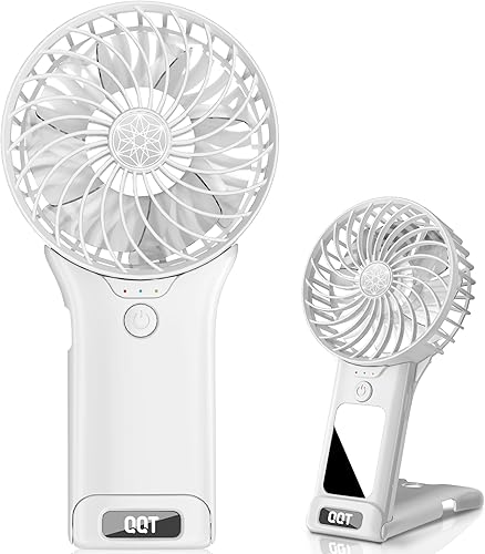 QQT Mini ventilador de mano, ventilador portátil ajustable de 4 velocidades, ventilador de escritorio recargable por USB con espejo, ventilador de