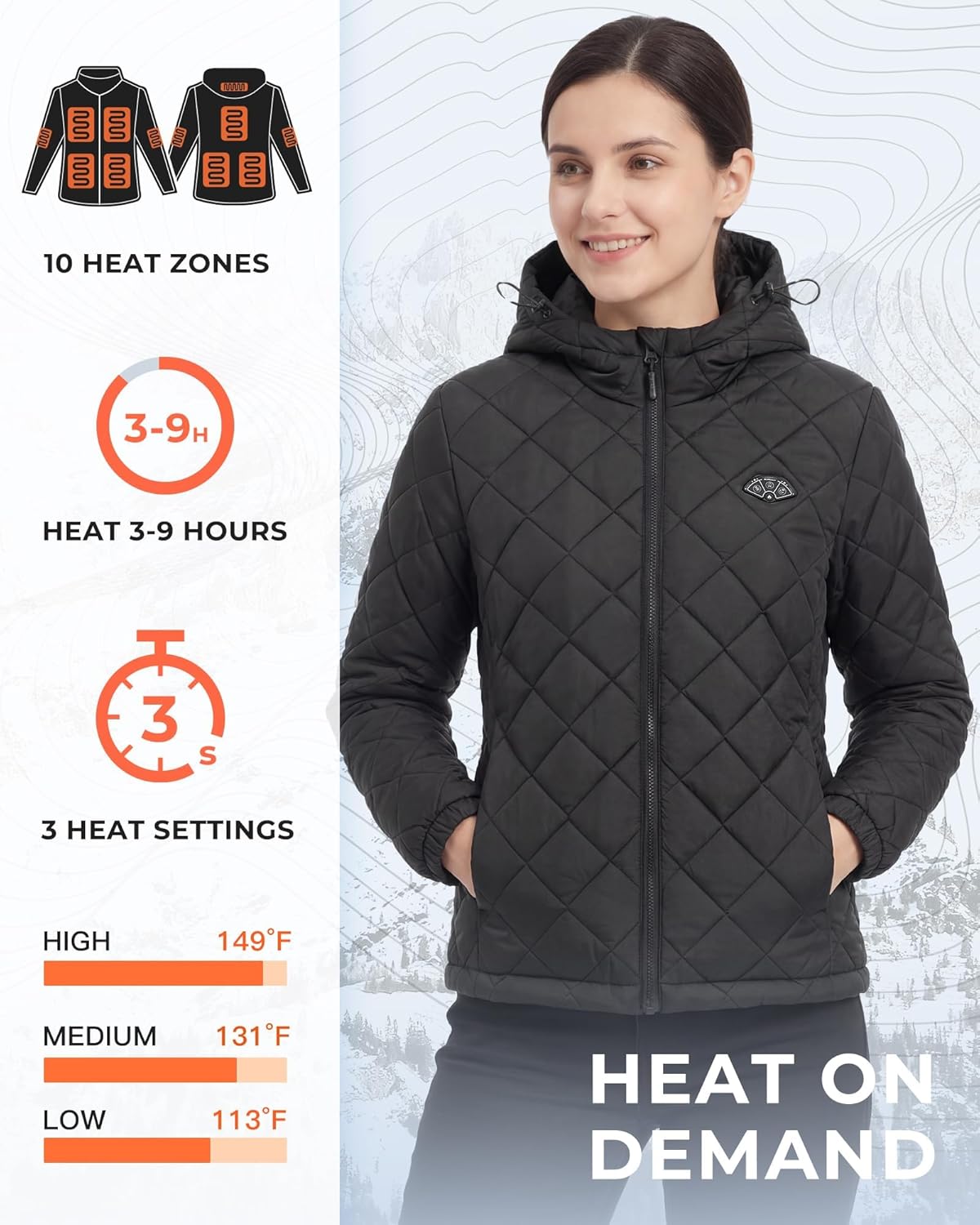 Topdot Quilted Heated Jacket for Women with 16000mAh 7.4V Battery Pack, 10 Heating Zones Lightweight Women's Heated Jacket - Image 4