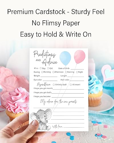 Miniatura 6 de GENDER REVEAL Tarjetas de predicción y consejos – Paquete de 25 – Juegos de baby shower azul o rosa de elefante, nuevos padres, mamá y papá futuros,