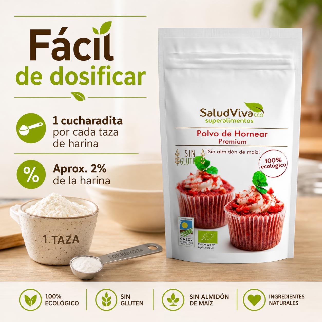 Polvo de Hornear Bio Salud Viva 100g Sin Gluten Baking Powder Impulsor Repostería Almidón de Patata