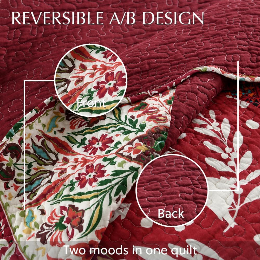 Cotton Bedspread Quilt Bedding Sets 3 Pieces Reversible Coverlet Sets Comforters Gorgeous Paisley Floral Patchwork Red Bedspread, King Size