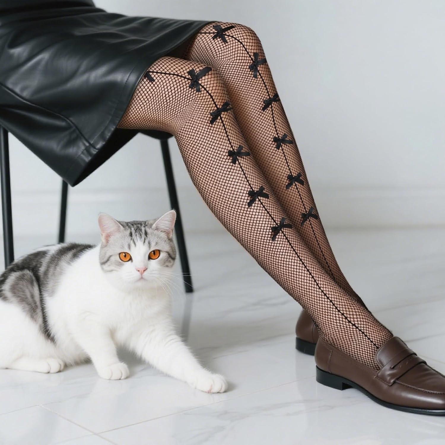 2 Pairs Bow Fishnets Stockings for Women, Sexy Lace Fishnets Stockings with Bow, Cute Y2K Thigh High Waist Stocking for Dressing Halloween Party Accessories(Black & White) - Image 5