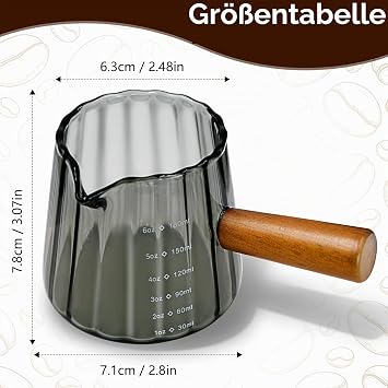 180 ml Espresso Measuring Cup Glass with Wooden Handle Small Measuring Cup with Scale Transparent Measuring Jars with V-shaped Opening Cocktail Measuring Cup ML for Coffee Milk Borosilicate Glass Grey