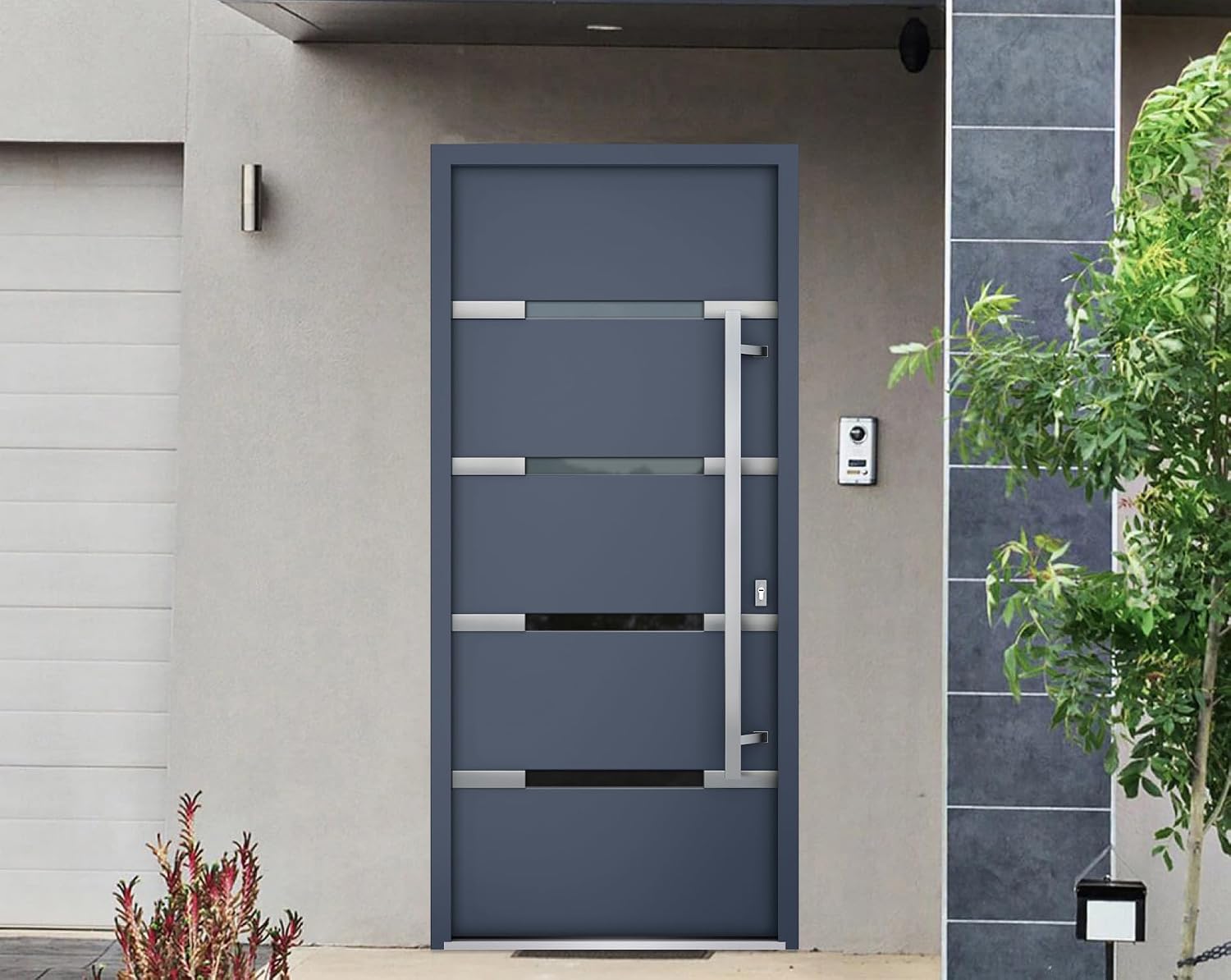VDOMDOORS Front Exterior Prehung Steel Door/Deux 1105 Gray Graphite/Stainless Inserts Single Modern Painted-W36 x H80-Left-hand Inswing