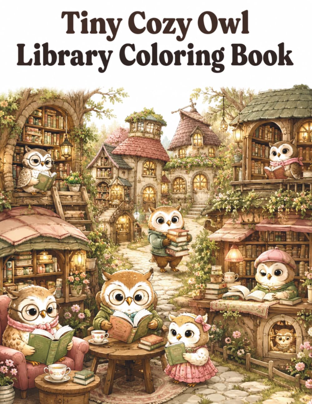 Tiny Cozy Owl Library Coloring Book: Charming Woodland Libraries and Peaceful Reading Adventures