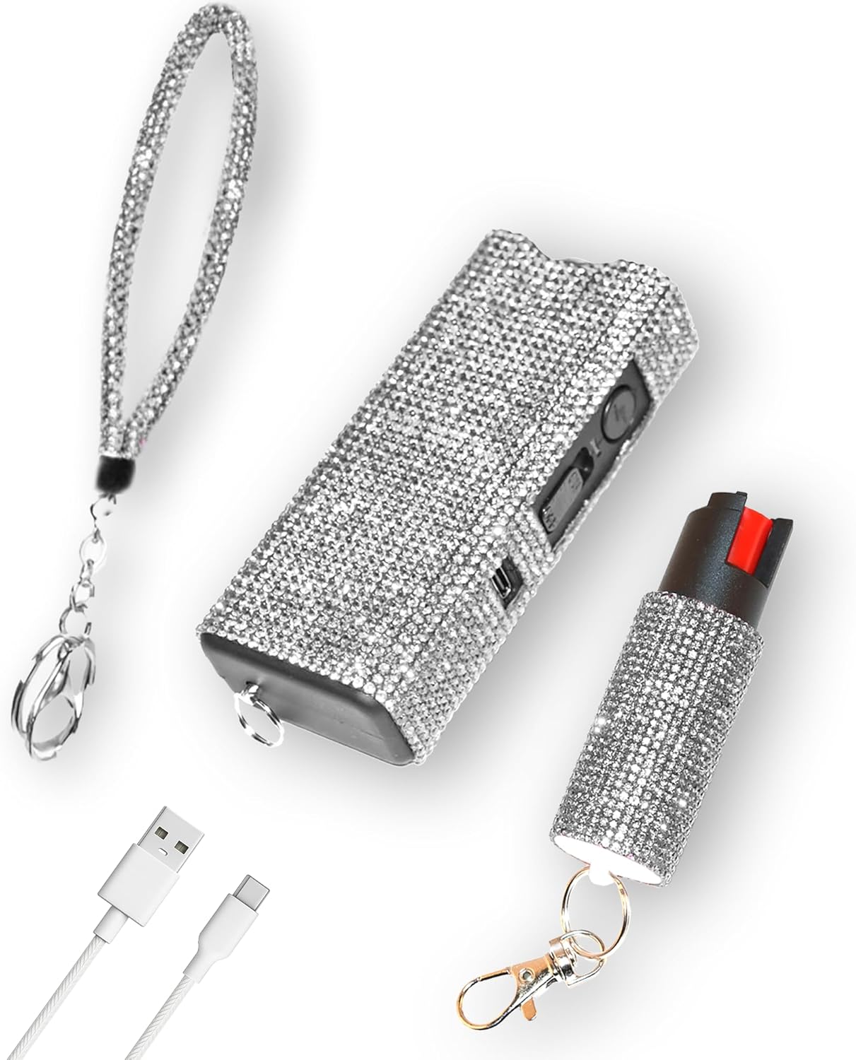 Bling MagiUSA Pepper Spray for Women & Stun Gun & Bracelet Self Defense Kit- 3in1 Keychain Tazer Painful 1.80 µC Charge, LED Flashlight 150 Lumen,0.58oz OC pepperspray Portable Compact Crystal Tazr