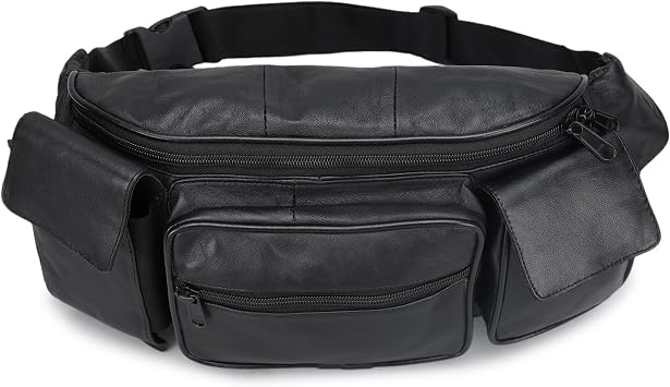 Leatherboss Genuine Leather Waist Fanny Pack Belt Bag with Two Cell Phone Pockets for men women, Black