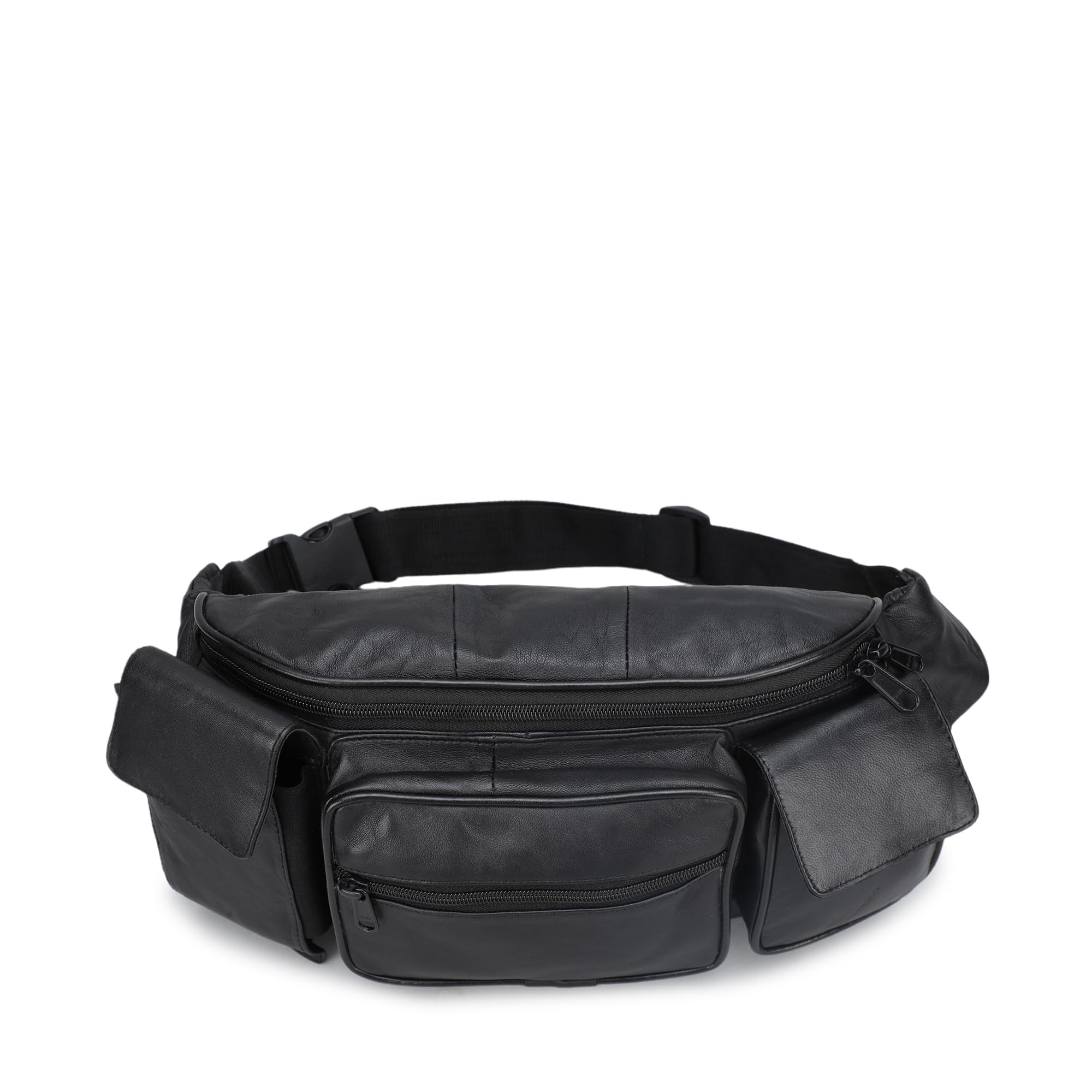 Leatherboss Genuine Leather Waist Fanny Pack Belt Bag with Two Cell Phone Pockets for men women, Black